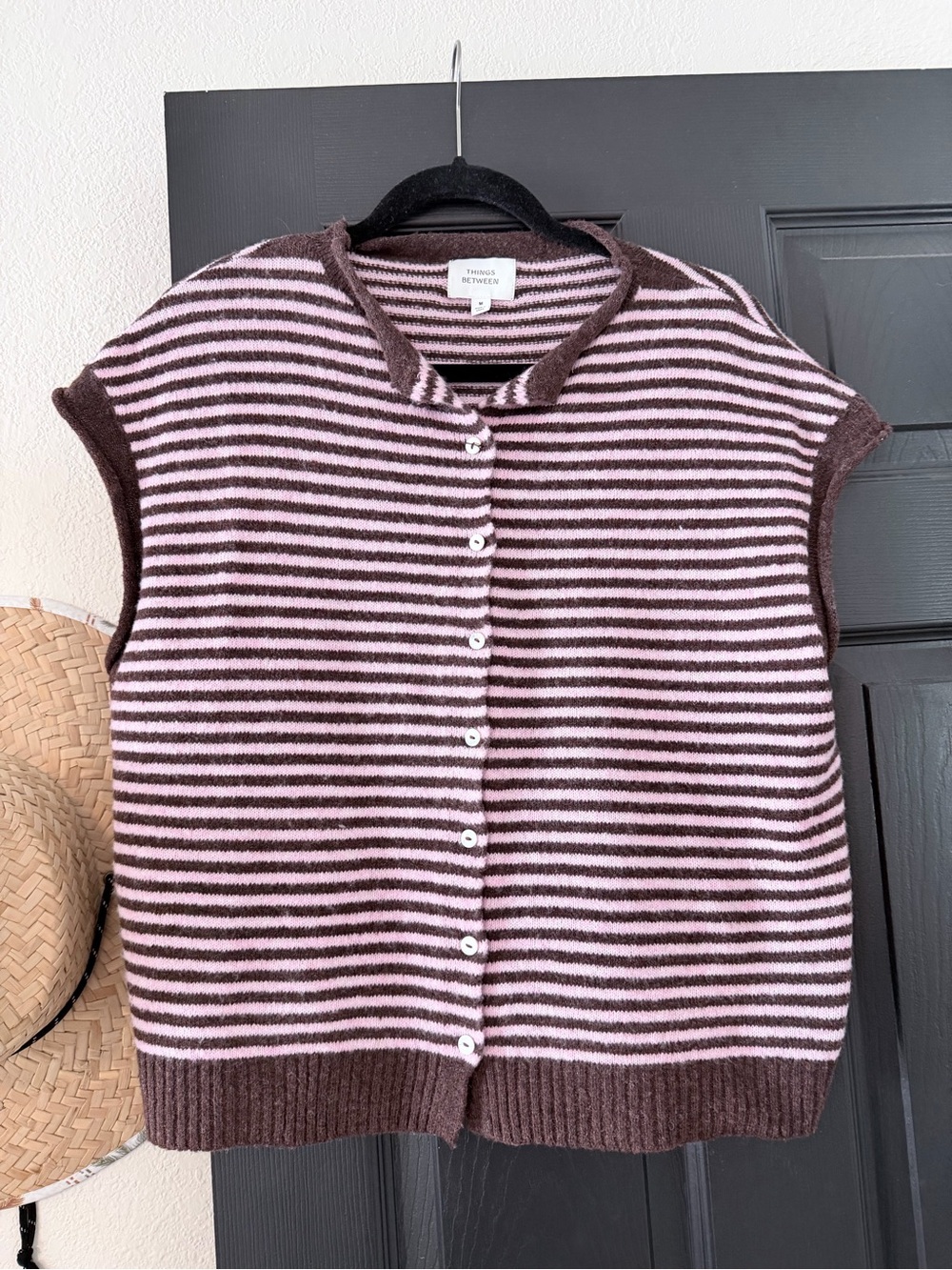 Striped soft Knit Button-Front Sweater Vest in Pink and Brown